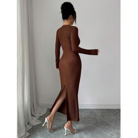 FA54094# 欧美跨境外贸新款交叉领针织肌理纹纯色修身显瘦连衣裙女冬 服裝批發女裝批發服飾貨源