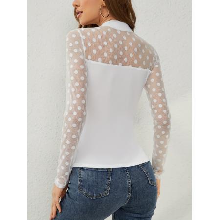 FA54095# 跨境外贸春季新款网纱圆点拼接女长袖上衣小立领套头显瘦百搭 服裝批發女裝批發服飾貨源