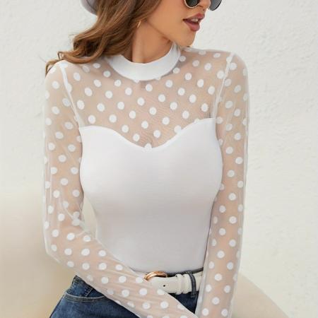 FA54095# 跨境外贸春季新款网纱圆点拼接女长袖上衣小立领套头显瘦百搭 服裝批發女裝批發服飾貨源