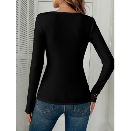 FA54096# 跨境外贸春季新款优雅女士领口袖口拼接蕾丝花边烫钻长袖上衣 服裝批發女裝批發服飾貨源