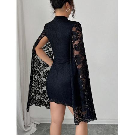 FA54097# 欧美跨境外贸新款时尚蕾丝小立领开衩长袖性感连衣裙秋冬女 服裝批發女裝批發服飾貨源