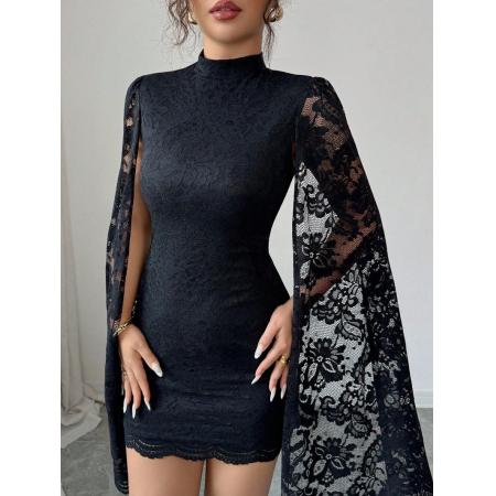 FA54097# 欧美跨境外贸新款时尚蕾丝小立领开衩长袖性感连衣裙秋冬女 服裝批發女裝批發服飾貨源