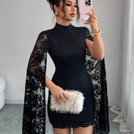 FA54097# 欧美跨境外贸新款时尚蕾丝小立领开衩长袖性感连衣裙秋冬女 服裝批發女裝批發服飾貨源