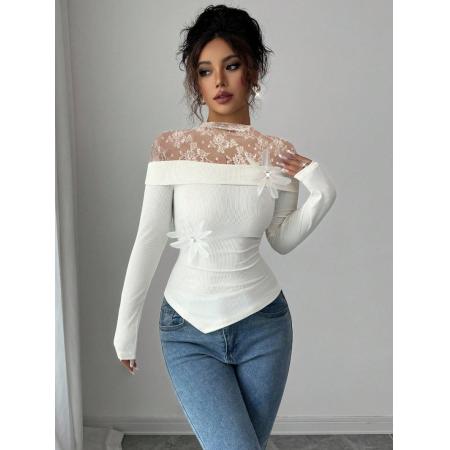 欧美跨境外贸ins新款蕾丝小立领拼接时尚T恤搭配胸花打底女 服裝批發女裝批發服飾貨源