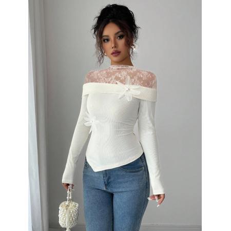 FA54099# 欧美跨境外贸ins新款蕾丝小立领拼接时尚T恤搭配胸花打底女 服裝批發女裝批發服飾貨源