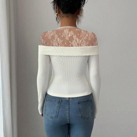 FA54099# 欧美跨境外贸ins新款蕾丝小立领拼接时尚T恤搭配胸花打底女 服裝批發女裝批發服飾貨源