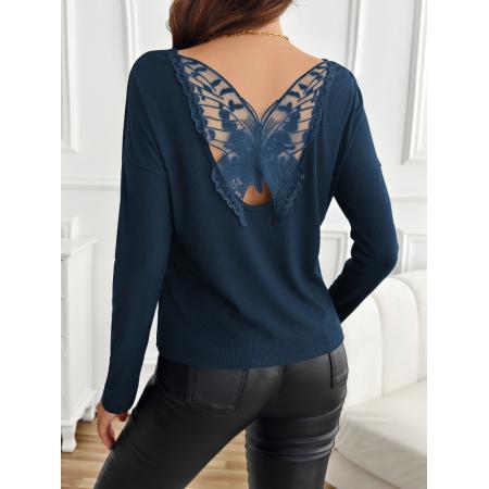 FA54100# 欧美跨境外贸女式纯色后背拼接蝴蝶花罗纹长袖T恤上衣女装 服裝批發女裝批發服飾貨源