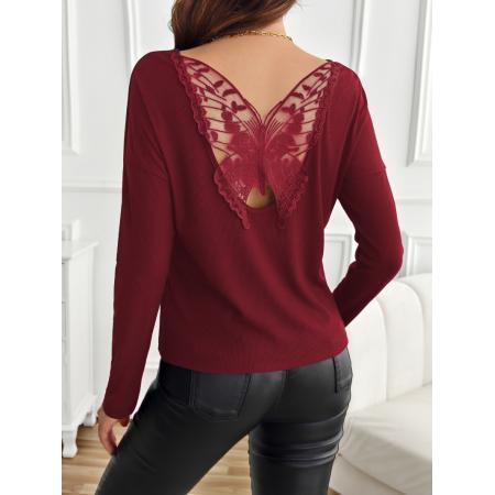 FA54100# 欧美跨境外贸女式纯色后背拼接蝴蝶花罗纹长袖T恤上衣女装 服裝批發女裝批發服飾貨源