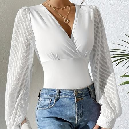 FA54101# 跨境外贸春季新款亚马逊女装雪纺拼接纯色针织深v长袖上衣 服裝批發女裝批發服飾貨源