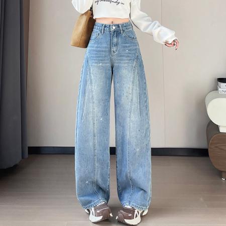 FA54102# 设计感闪闪烫钻直筒牛仔裤女装春秋美式高腰宽松显瘦阔腿弯刀裤子 服裝批發女裝批發服飾貨源