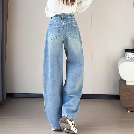 FA54102# 设计感闪闪烫钻直筒牛仔裤女装春秋美式高腰宽松显瘦阔腿弯刀裤子 服裝批發女裝批發服飾貨源