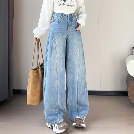 FA54102# 设计感闪闪烫钻直筒牛仔裤女装春秋美式高腰宽松显瘦阔腿弯刀裤子 服裝批發女裝批發服飾貨源