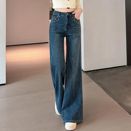 FA54103# 美式复古烫钻微喇牛仔裤女秋冬季新款高腰宽松垂感显瘦喇叭裤 服裝批發女裝批發服飾貨源