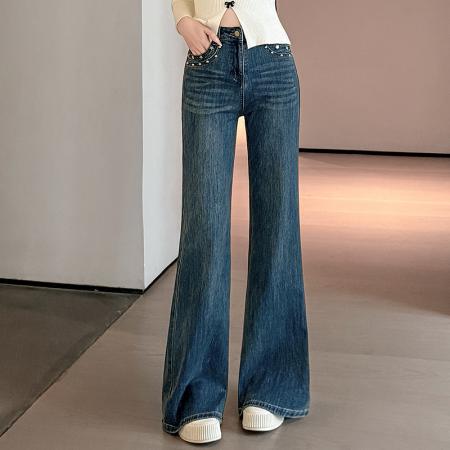 FA54103# 美式复古烫钻微喇牛仔裤女秋冬季新款高腰宽松垂感显瘦喇叭裤 服裝批發女裝批發服飾貨源