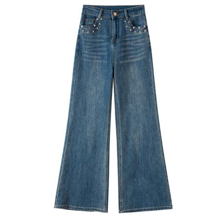 FA54103# 美式复古烫钻微喇牛仔裤女秋冬季新款高腰宽松垂感显瘦喇叭裤 服裝批發女裝批發服飾貨源