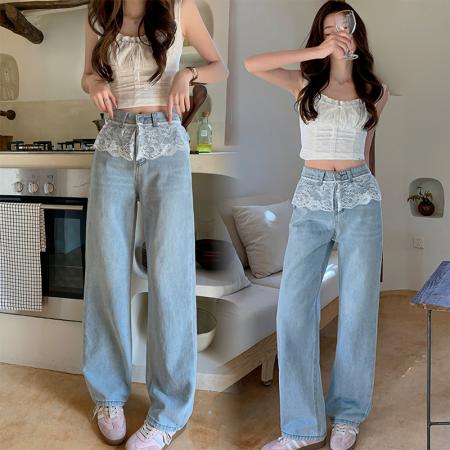 韩版设计感蕾丝拼接直筒牛仔裤女春季新款宽松显瘦洋气百搭阔腿裤 服裝批發女裝批發服飾貨源