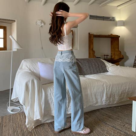 FA54104# 韩版设计感蕾丝拼接直筒牛仔裤女春季新款宽松显瘦洋气百搭阔腿裤 服裝批發女裝批發服飾貨源