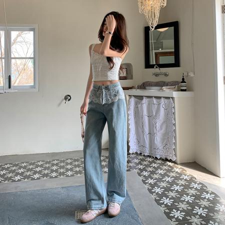 FA54104# 韩版设计感蕾丝拼接直筒牛仔裤女春季新款宽松显瘦洋气百搭阔腿裤 服裝批發女裝批發服飾貨源