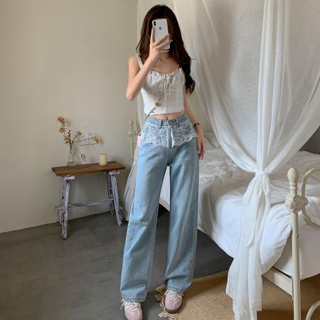 FA54104# 韩版设计感蕾丝拼接直筒牛仔裤女春季新款宽松显瘦洋气百搭阔腿裤 服裝批發女裝批發服飾貨源