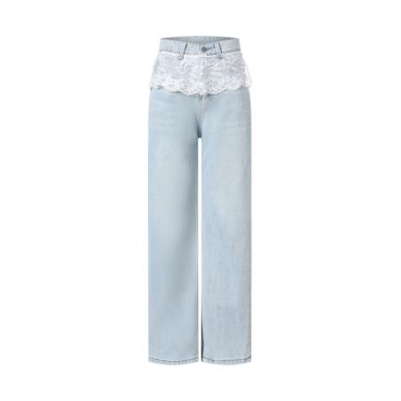 FA54104# 韩版设计感蕾丝拼接直筒牛仔裤女春季新款宽松显瘦洋气百搭阔腿裤 服裝批發女裝批發服飾貨源