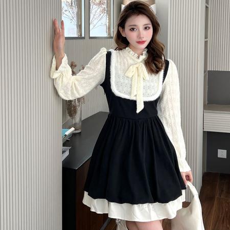 大码秋冬清纯可爱甜美假两件A字裙微胖妹妹收腰显瘦撞色连衣裙女 服裝批發女裝批發服飾貨源