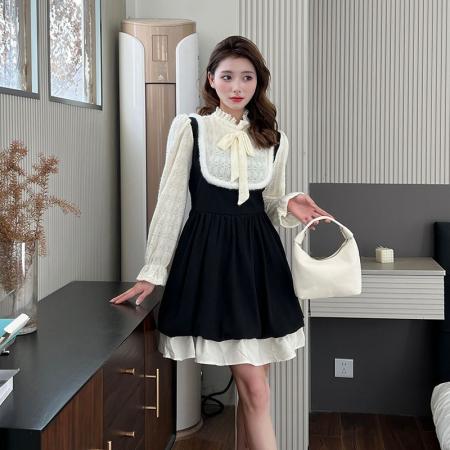 FA54106# 大码秋冬清纯可爱甜美假两件A字裙微胖妹妹收腰显瘦撞色连衣裙女 服裝批發女裝批發服飾貨源