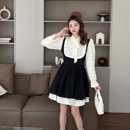 FA54106# 大码秋冬清纯可爱甜美假两件A字裙微胖妹妹收腰显瘦撞色连衣裙女 服裝批發女裝批發服飾貨源