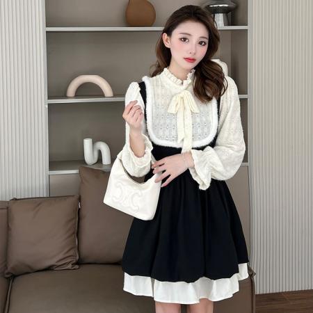 FA54106# 大码秋冬清纯可爱甜美假两件A字裙微胖妹妹收腰显瘦撞色连衣裙女 服裝批發女裝批發服飾貨源