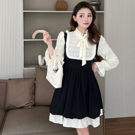 FA54106# 大码秋冬清纯可爱甜美假两件A字裙微胖妹妹收腰显瘦撞色连衣裙女 服裝批發女裝批發服飾貨源