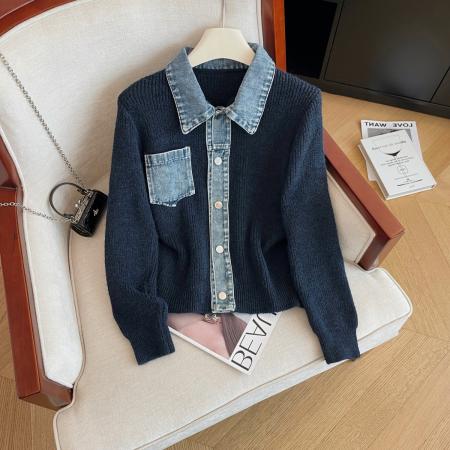 FA54107# 冬季新款设计感牛仔拼接毛衣开衫女洋气小众外穿显瘦假两件 服裝批發女裝批發服飾貨源