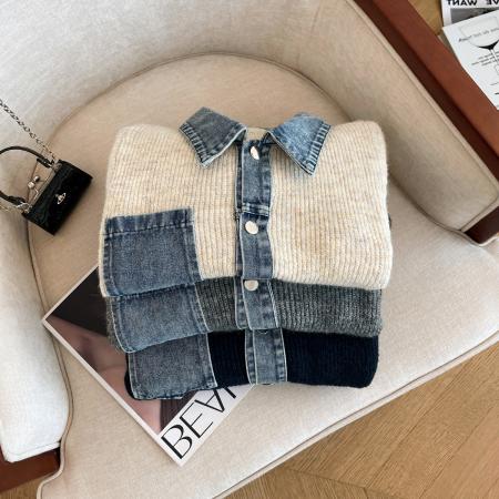 FA54107# 冬季新款设计感牛仔拼接毛衣开衫女洋气小众外穿显瘦假两件 服裝批發女裝批發服飾貨源