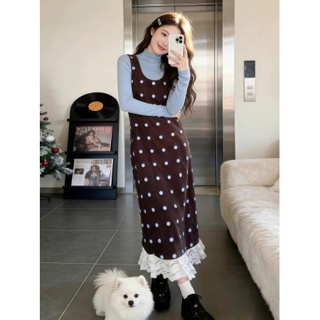 法式复古波点背心连衣裙子女秋冬搭配半高领内搭新款套装长裙 服裝批發女裝批發服飾貨源