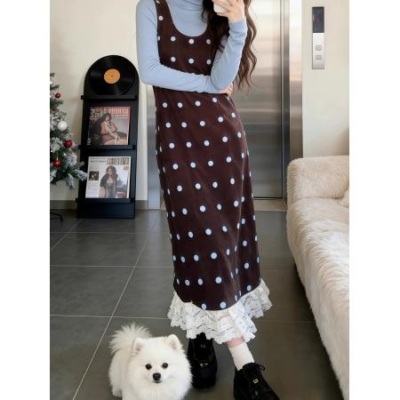 FA54111# 法式复古波点背心连衣裙子女秋冬搭配半高领内搭新款套装长裙 服裝批發女裝批發服飾貨源