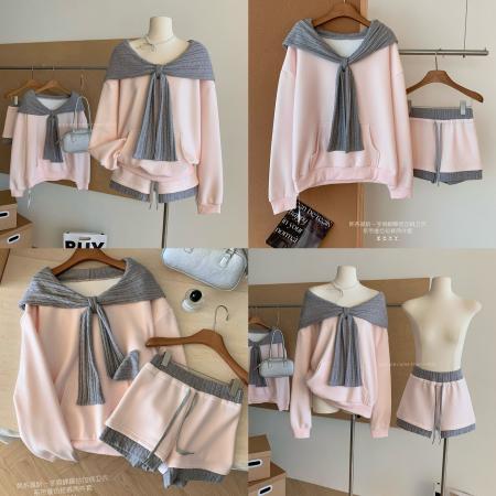 FA54112# 雾港甜章设计感撞色一字肩多穿连帽宽松加绒卫衣短裤套装秋冬 服裝批發女裝批發服飾貨源
