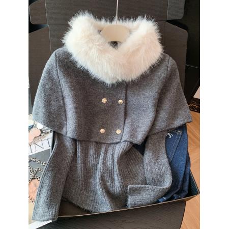 新年穿搭针织衫女冬季千金感斗篷披肩配毛领打底收腰上衣 服裝批發女裝批發服飾貨源