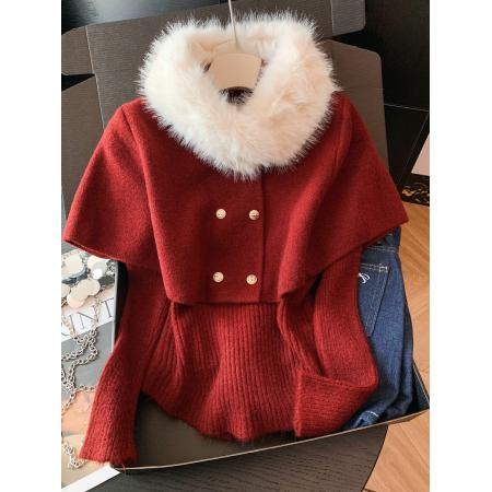 FA54115# 新年穿搭针织衫女冬季千金感斗篷披肩配毛领打底收腰上衣 服裝批發女裝批發服飾貨源