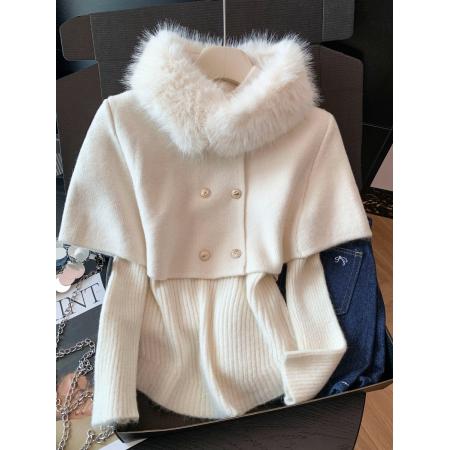 FA54115# 新年穿搭针织衫女冬季千金感斗篷披肩配毛领打底收腰上衣 服裝批發女裝批發服飾貨源