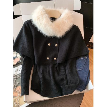 FA54115# 新年穿搭针织衫女冬季千金感斗篷披肩配毛领打底收腰上衣 服裝批發女裝批發服飾貨源