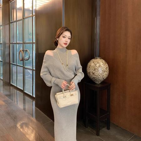 FA54116# 林关关法式小资气质灰色假两件露肩针织连衣裙秋季慵懒松弛感长裙 服裝批發女裝批發服飾貨源