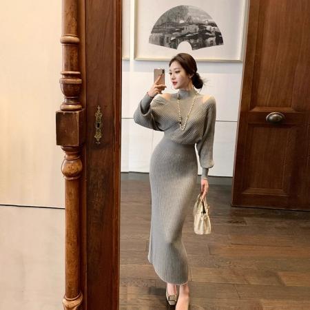 FA54116# 林关关法式小资气质灰色假两件露肩针织连衣裙秋季慵懒松弛感长裙 服裝批發女裝批發服飾貨源