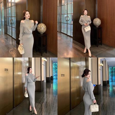 FA54116# 林关关法式小资气质灰色假两件露肩针织连衣裙秋季慵懒松弛感长裙 服裝批發女裝批發服飾貨源