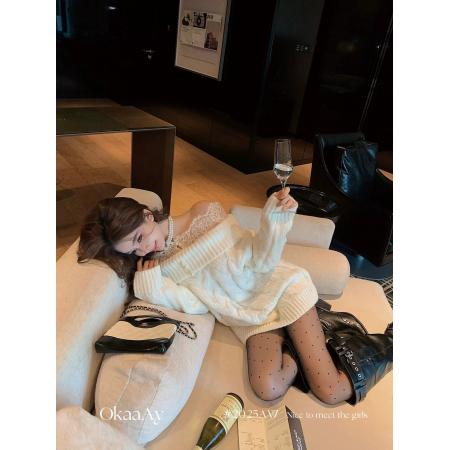 FA54117# 白色毛衣女生日圣诞节穿搭重工蕾丝一字肩性感露肩上衣打底针织衫 服裝批發女裝批發服飾貨源