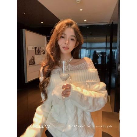 FA54117# 白色毛衣女生日圣诞节穿搭重工蕾丝一字肩性感露肩上衣打底针织衫 服裝批發女裝批發服飾貨源