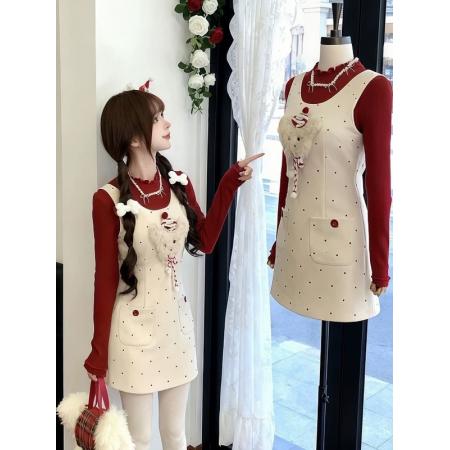 FA54118# 圣诞穿搭红色高领内搭T恤背带连衣裙秋冬新款a字收腰短裙套装 服裝批發女裝批發服飾貨源