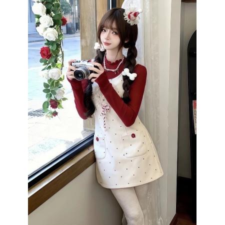 FA54118# 圣诞穿搭红色高领内搭T恤背带连衣裙秋冬新款a字收腰短裙套装 服裝批發女裝批發服飾貨源