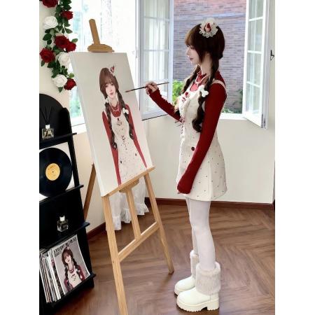 FA54118# 圣诞穿搭红色高领内搭T恤背带连衣裙秋冬新款a字收腰短裙套装 服裝批發女裝批發服飾貨源