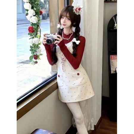 FA54118# 圣诞穿搭红色高领内搭T恤背带连衣裙秋冬新款a字收腰短裙套装 服裝批發女裝批發服飾貨源