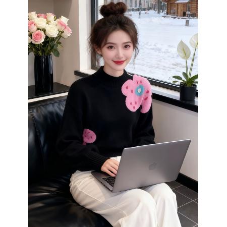 FA54119# 黑色提花内搭打底针织衫毛衣女秋冬季慵懒松弛感绝美漂亮上衣 服裝批發女裝批發服飾貨源