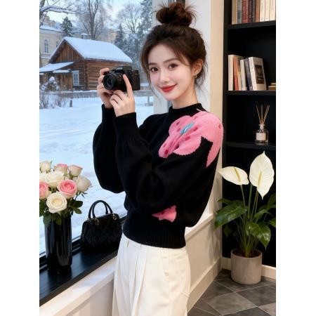 FA54119# 黑色提花内搭打底针织衫毛衣女秋冬季慵懒松弛感绝美漂亮上衣 服裝批發女裝批發服飾貨源