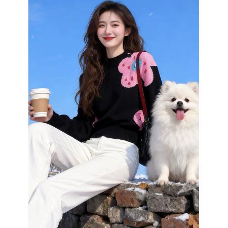 FA54119# 黑色提花内搭打底针织衫毛衣女秋冬季慵懒松弛感绝美漂亮上衣 服裝批發女裝批發服飾貨源